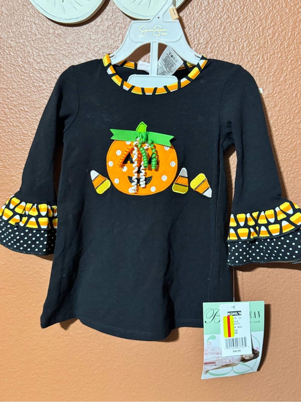 Bonnie Baby Black Long-Sleeve dress with Pumpkin & Candy Corn Appliqués
